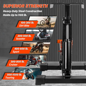 Adjustable 1000LBS Dirt Bike & Powersport Hydraulic Lift Stand, Heavy Duty Motorcycle Center Jack with Anti-Slip Rubber Pad, Orange