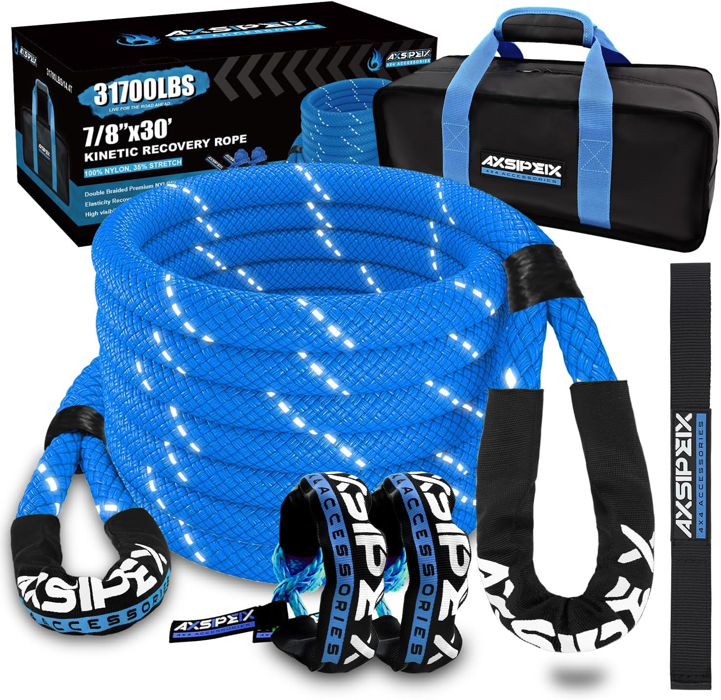 AXSIPEIX 7/8" x 30ft Kinetic Recovery Rope (31,700lbs) with 2 Soft Shackles, Heavy Duty Offroad Tow Kit for UTV, ATV, Truck, Car - Dark Blue
